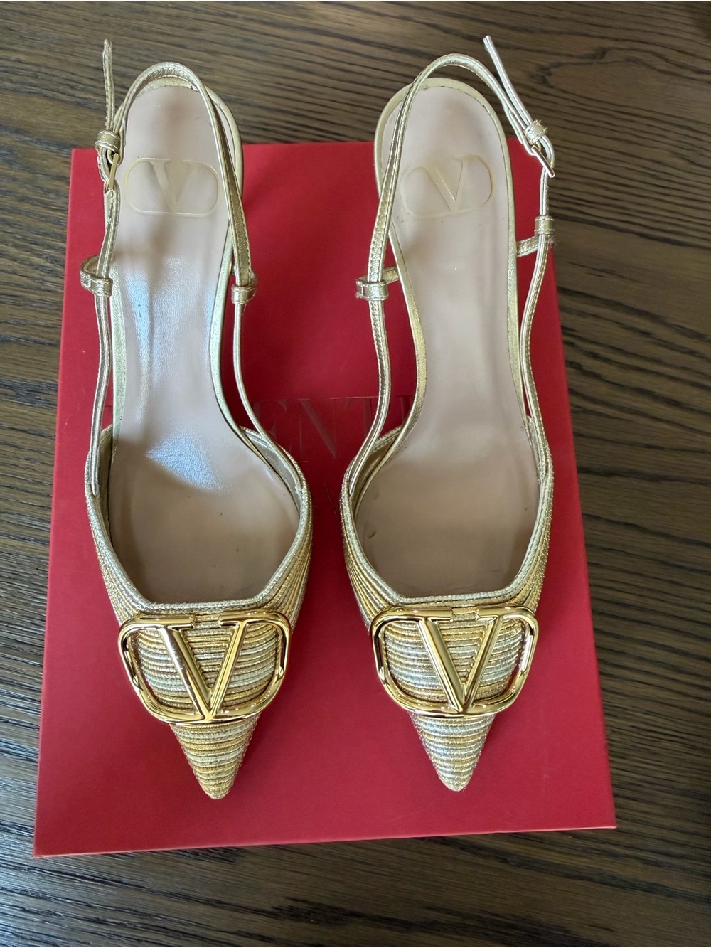 Valentino Gold Pointed Slingback Heels with V Logo